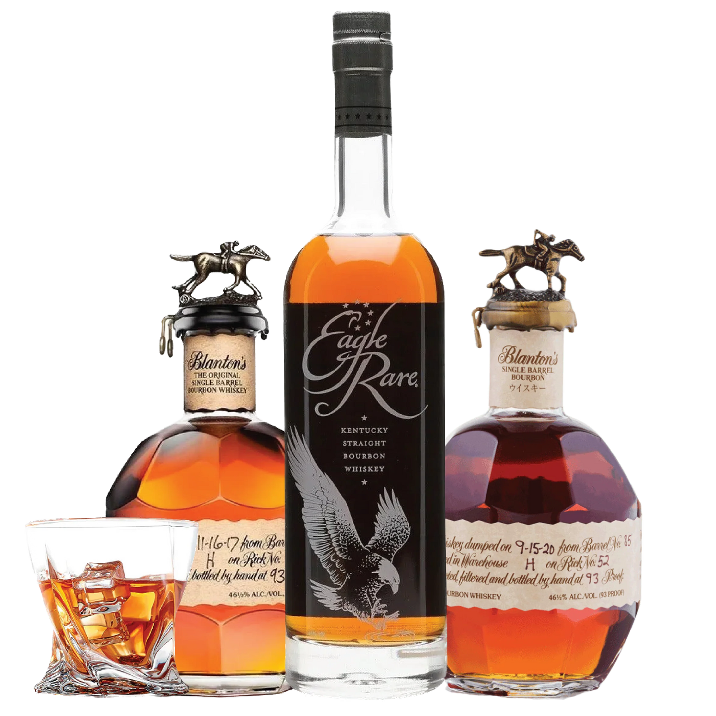 One Eagle Rare, one Blanton Red, One Blanton Single Barrel, and One Whiskey Glass - Liquor Bar Delivery