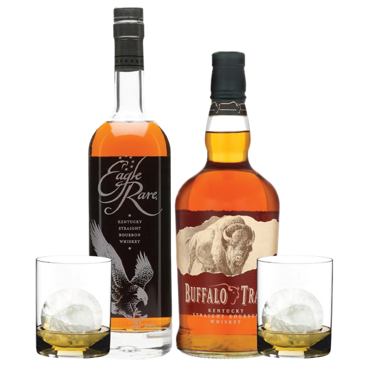 One Eagle Rare, one Buffalo Trace, and two Whiskey Tumblers  Bundle
