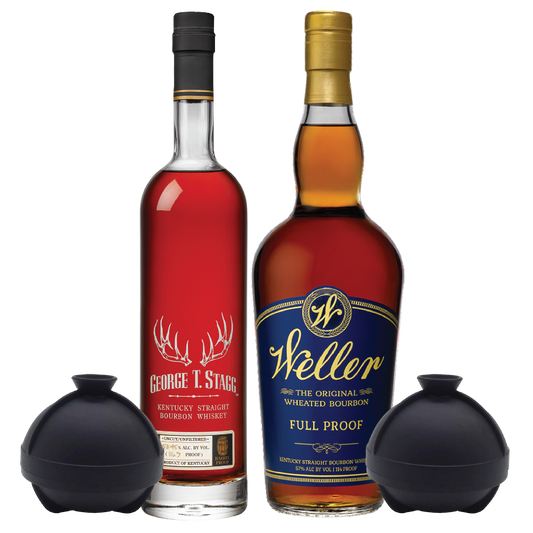 George T. Stagg Bourbon, W.L. Weller Full Proof Bourbon and 2 Sphere Ice Ball Mold Package