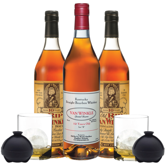 Two Pappy Van Winkle’s 10, one 12 Year Old Package, two whiskey tumblers, and two ice molds